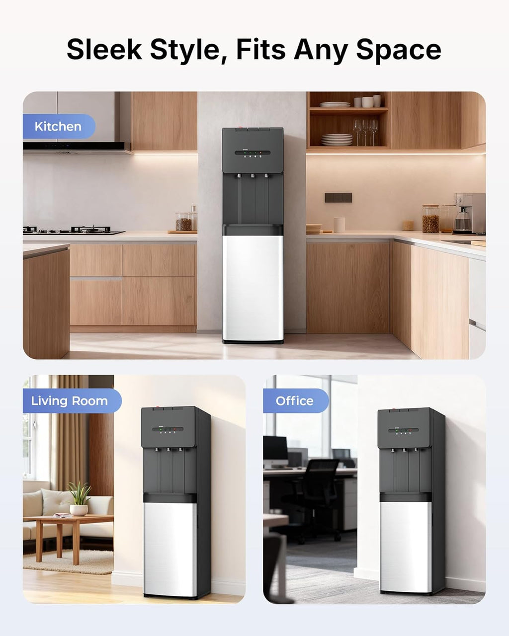 Self Cleaning Bottom Loading Water Cooler Dispenser for 3 & 5 Gallon Bottles - Hot, Cold & Room 3 Temperature, Child Safety Lock, LED Indicator Light, Ideal for Kitchen & Office, Black