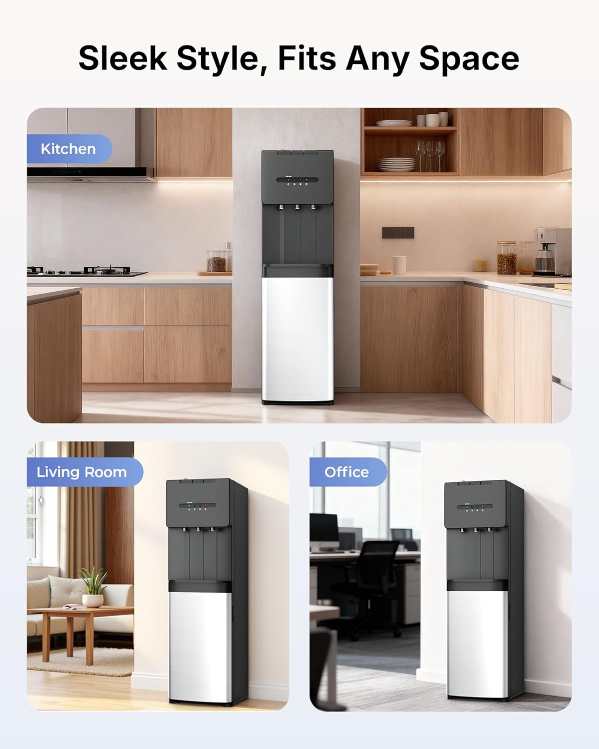 Self Cleaning Bottom Loading Water Cooler Dispenser for 3 & 5 Gallon Bottles - Hot, Cold & Room 3 Temperature, Child Safety Lock, LED Indicator Light, Ideal for Kitchen & Office, Black