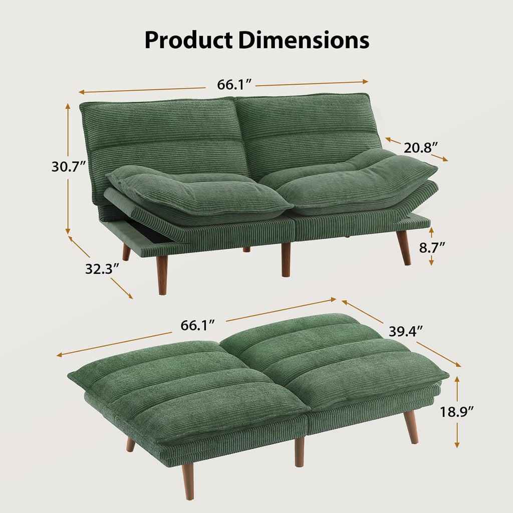 Pipishell Futon Sofa Bed, Convertible Futon Adjustable Backrest & Armrests, Corduroy Sleeper Couch for Small Spaces, Living Room, Office, Guest Room (Moss Green, 66 Inch)