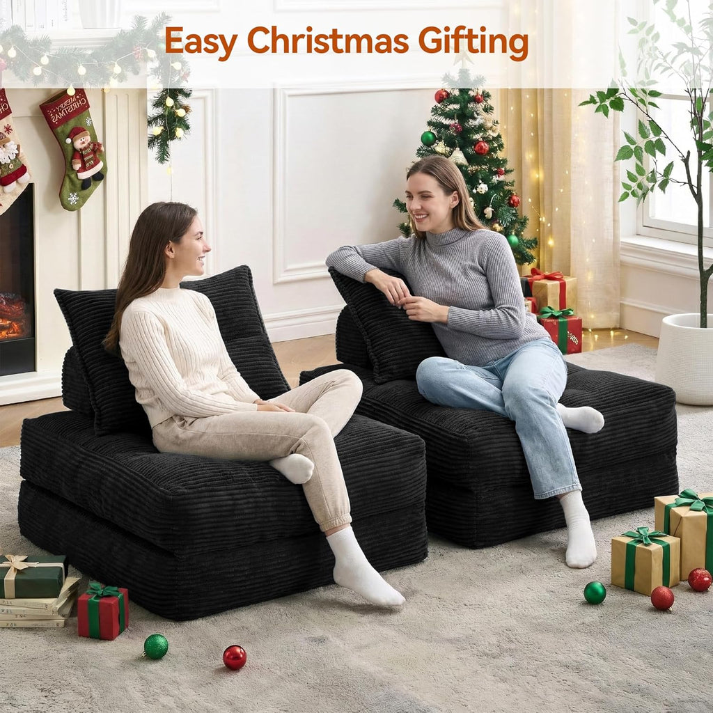MONVANE Folding Sofa Bed, Fold Out Chair Bed with Pillow, Convertible Sleeper Chair for Living Room/Small Spaces, Foldable Lazy Sofa Bed Floor Chair, Comfy Corduroy Couch Bed, Black