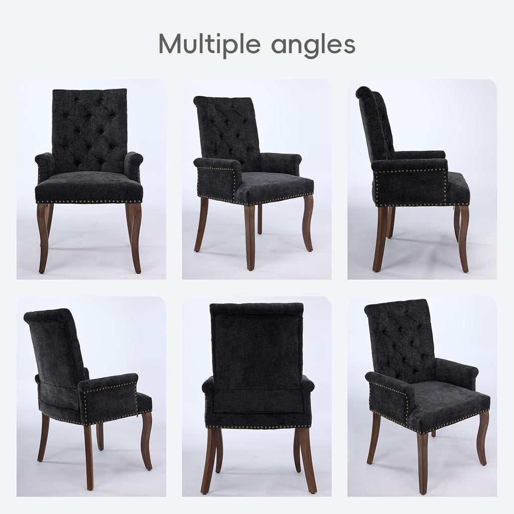 Upholstered Tufted Chenille Dining Chairs with Arms & Nailhead Trim – Solid Wood Frame & Legs, Modern Farmhouse for Dining, Kitchen & Living Room (Set of 6, Charcoal Gray)