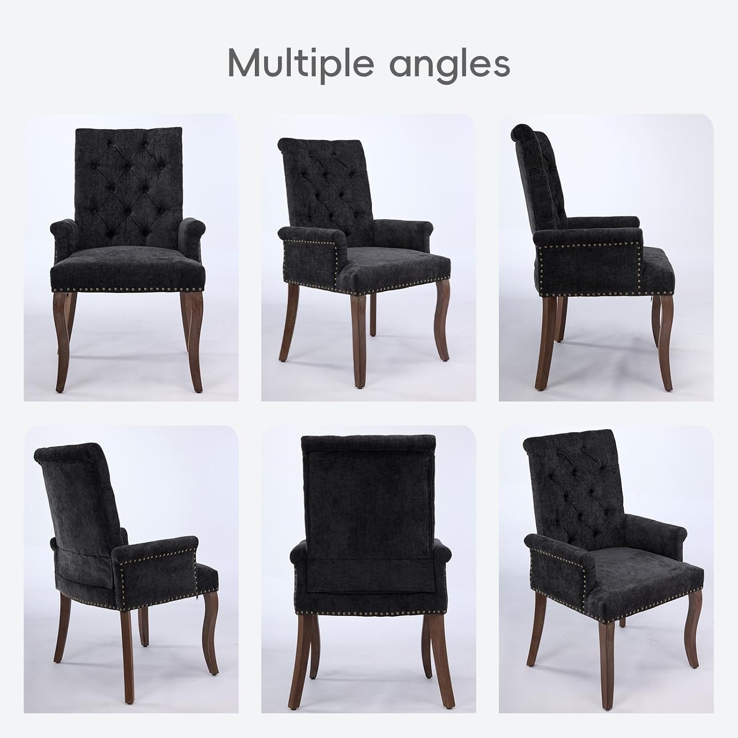 Upholstered Tufted Chenille Dining Chairs with Arms & Nailhead Trim – Solid Wood Frame & Legs, Modern Farmhouse for Dining, Kitchen & Living Room (Set of 6, Charcoal Gray)