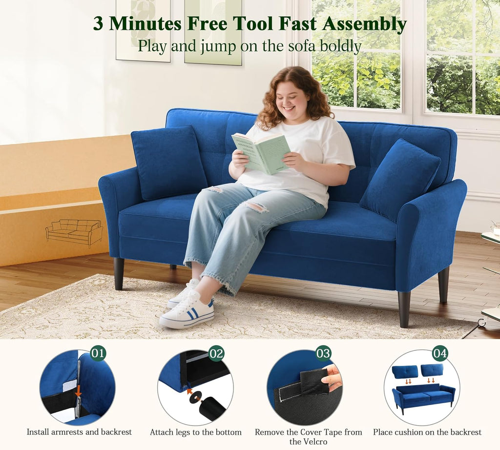 Loveseat Sofa, 69" Love Seat Couches, Comfy Velvet Small Couches for Small Spaces with 2 Pillows, Tool-Free Setup Sofas & Couches, 700lb Load Sofas for Living Room, Mini Couch for Bedroom, Blue Couch