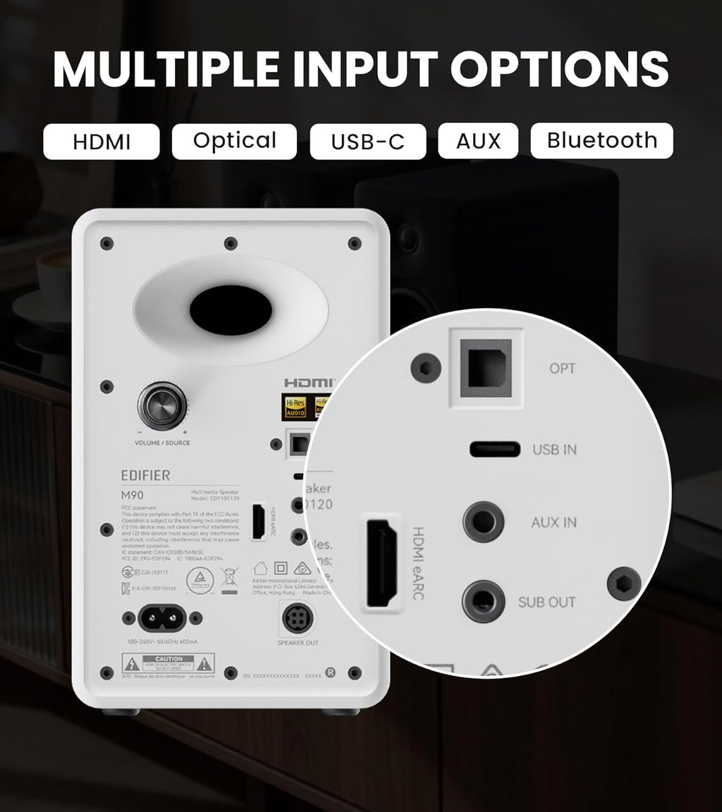 Edifier M90 Computer Speakers, 100W RMS Desktop Speakers, Hi-Res Audio, LDAC,Bluetooth 6.0 Compact Speaker, HDMI eARC/Optical/USB-C/AUX Input, SUB Out Powered Speakers, Remote Control for TV/PC-White