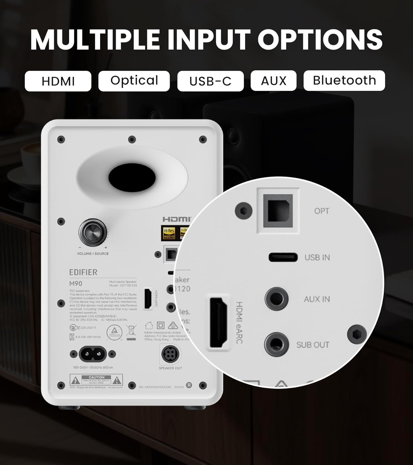 Edifier M90 Computer Speakers, 100W RMS Desktop Speakers, Hi-Res Audio, LDAC,Bluetooth 6.0 Compact Speaker, HDMI eARC/Optical/USB-C/AUX Input, SUB Out Powered Speakers, Remote Control for TV/PC-White