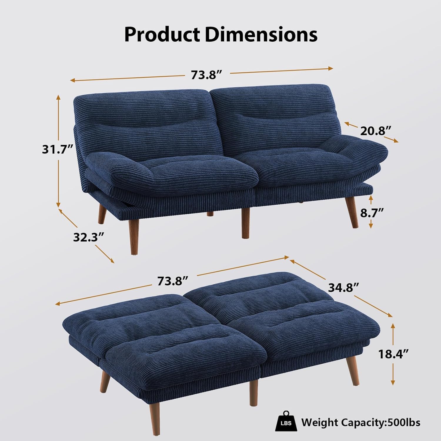 Pipishell Futon Sofa Bed, 66 Inch Corduroy Futon Couch Convertible with Adjustable Backrest and Armrests, Recliner Sleeper Sofa for Small Spaces, Living Room, Office, Guest Room (Blue, 66 Inch)