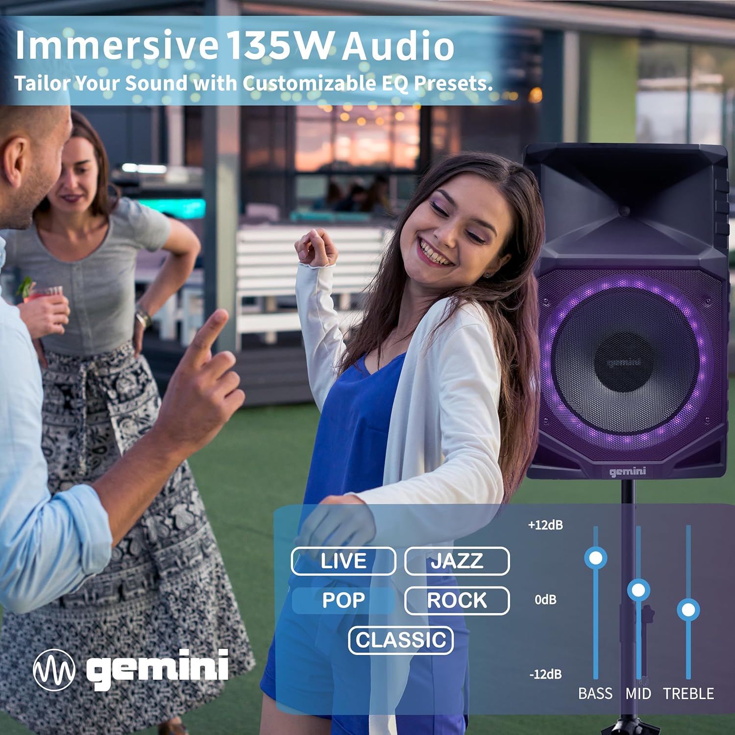 Gemini Sound Portable PA Speaker System with Bluetooth – 15" Woofer, All-Weather IPX4, 24Hr Battery, RGB LED Party Lights, Mic & Guitar Inputs, USB/FM Radio, Wireless Stereo Link (GXP-T1500)