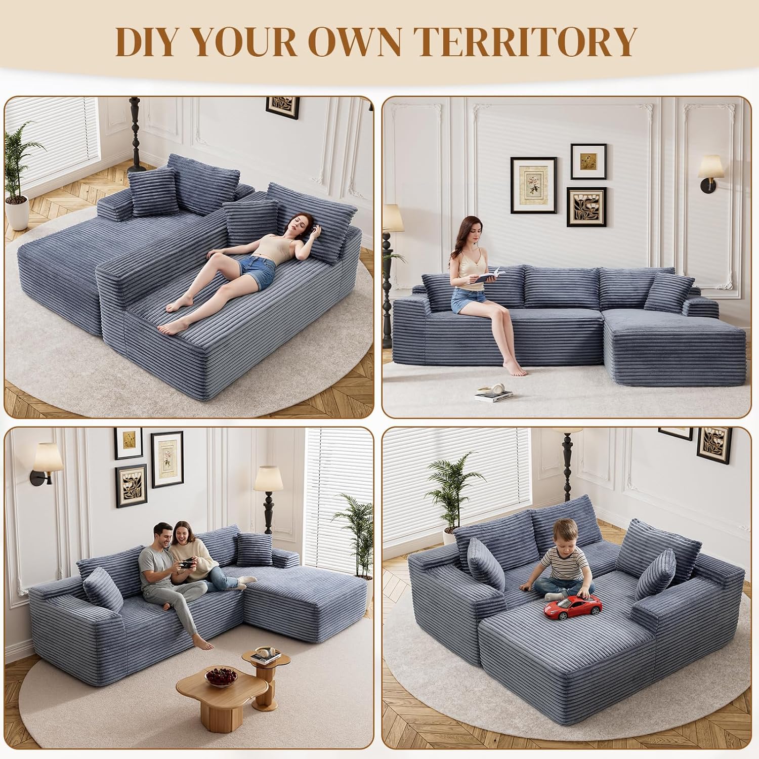 95" Boneless Cloud Sectional Couches for Living Room, Comfy Fluffy L Shaped Memory Foam Deep Seat Boneless Couch, Modular Sectional Sofa with Right Facing Chaise, Grey