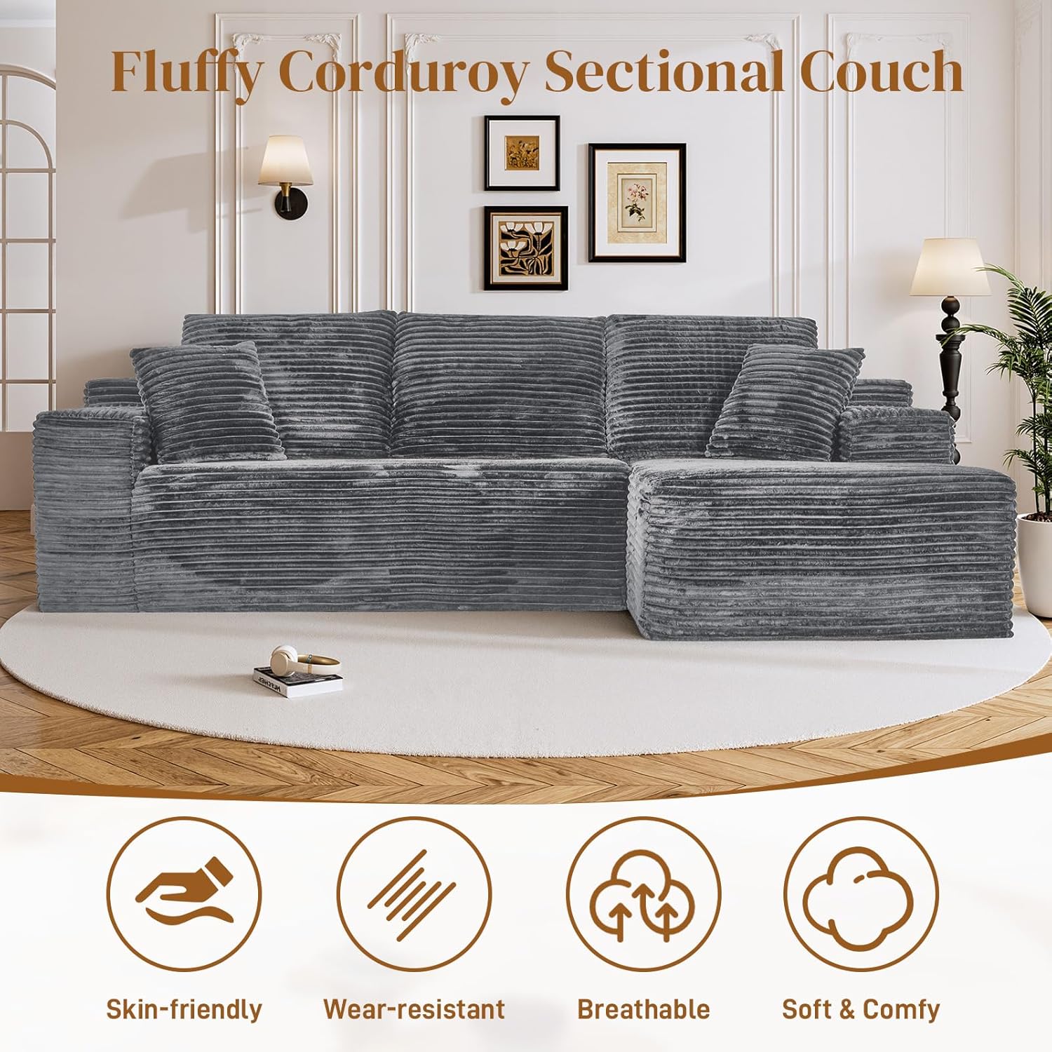 108" L Shaped Boneless Sectional Couches for Living Room, Comfy Corduroy Floor Cloud Sofa with Chaise, Wide Armrest, Deep Seat, Memory Foam, Assembly Free, Ideal for Small Spaces, Grey
