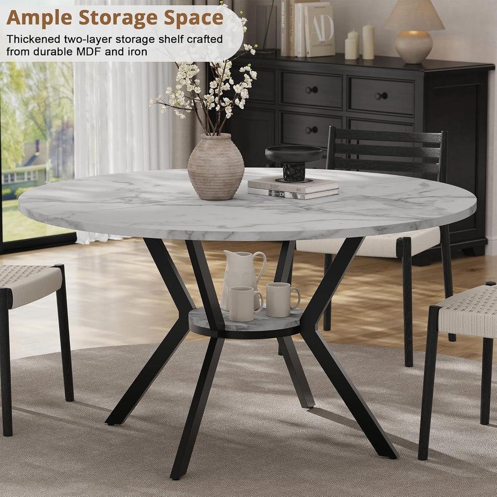 42" Round Dining Table for 2-4, Modern Kitchen Table with Faux Marble Tabletop & Metal Legs, Space Saving Circle Table with Storage, Wood Kitchen & Dining Room Tables for Kitchen Dining Room