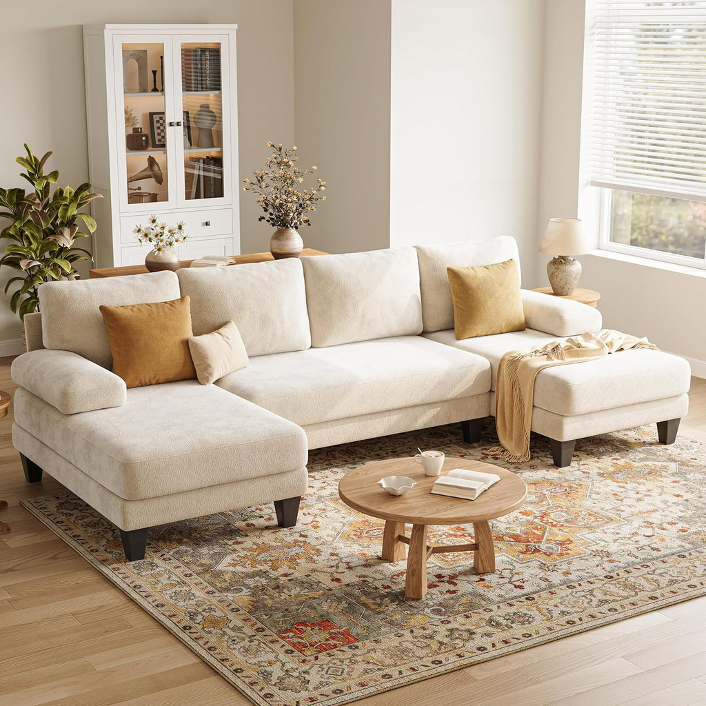 U-Shaped Sectional Couches for Living Room | 112 Inch Modern Sectional Couch | Warm White Chenille Sofa with Double Chaise for Apartment