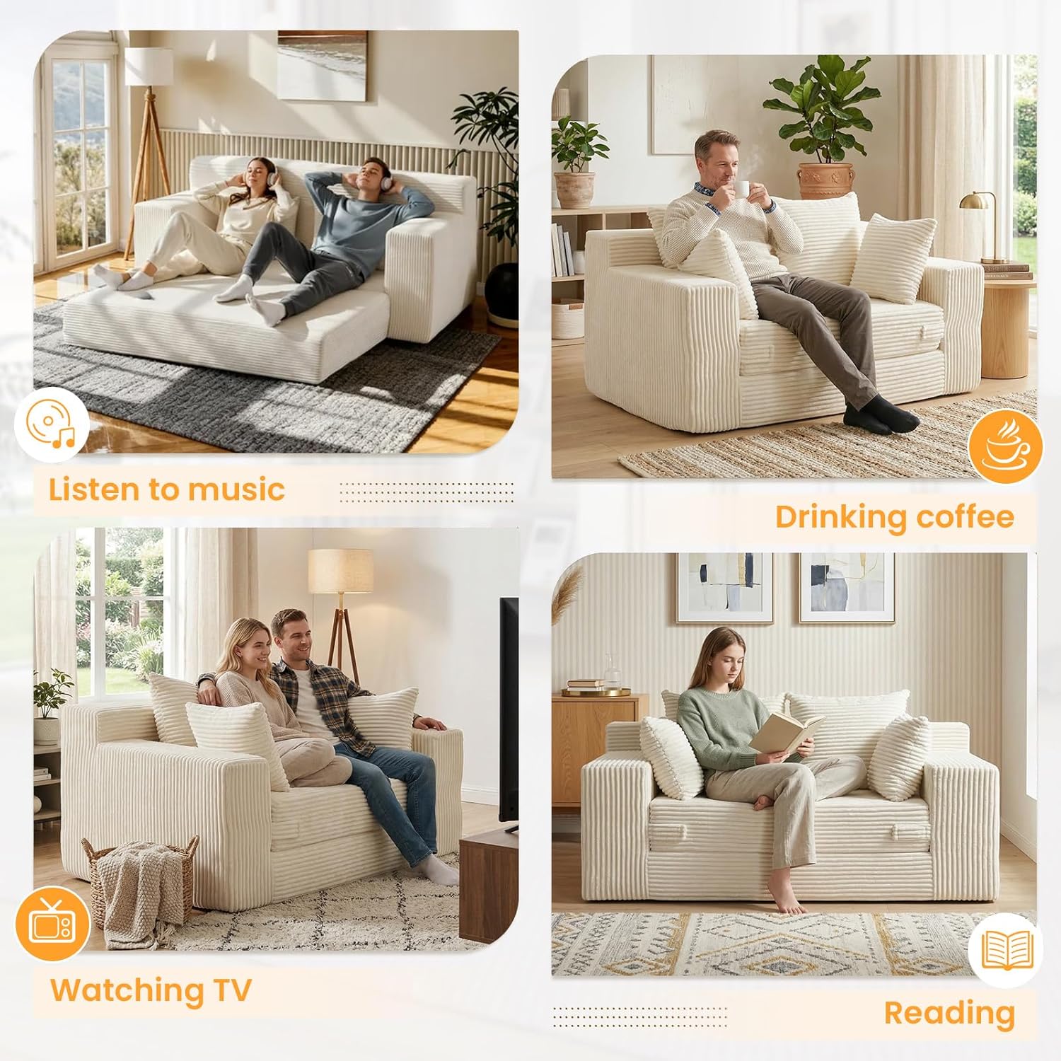 Boneless Loveseat Sleeper Sofa Bed, 3-in-1 Convertible Sofa Bed and Futon Couch with 4 Pillows, 55" Beige Boneless Couch for Living Room, Guest Room, Small Space, No Assembly Required, Corduroy