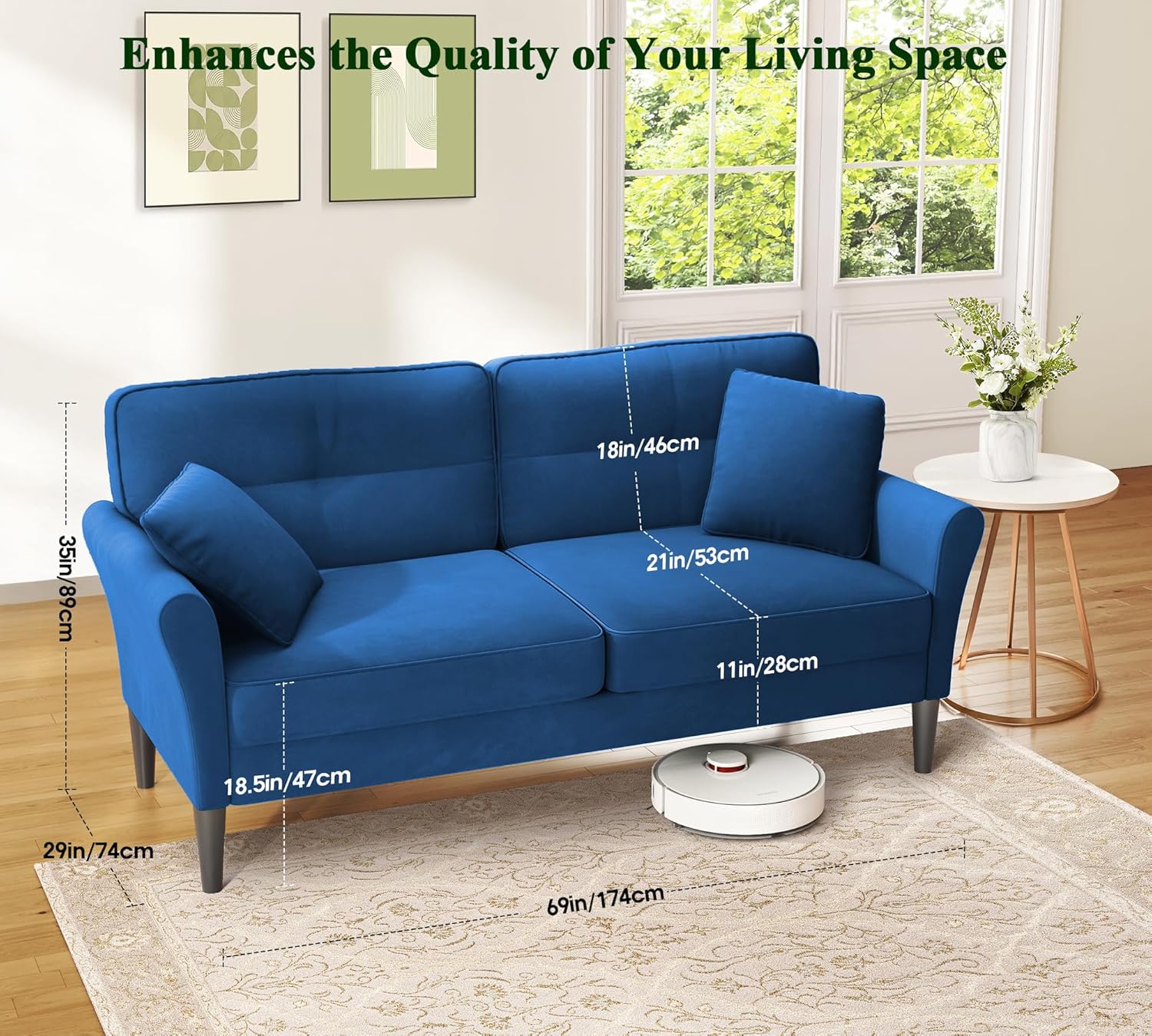 Loveseat Sofa, 69" Love Seat Couches, Comfy Velvet Small Couches for Small Spaces with 2 Pillows, Tool-Free Setup Sofas & Couches, 700lb Load Sofas for Living Room, Mini Couch for Bedroom, Blue Couch
