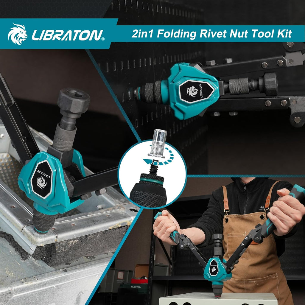 LIBRATON 2in1 Rivet Nut Tool and Rivet Gun Kit Folding, with 11 Mandrels (Metric & SAE) & 5 Nose Pieces (2.4-6.4mm), Includes 100 Nuts & 200 Pop Rivets, Folding Heavy Duty Hand Tool for DIY & Repair