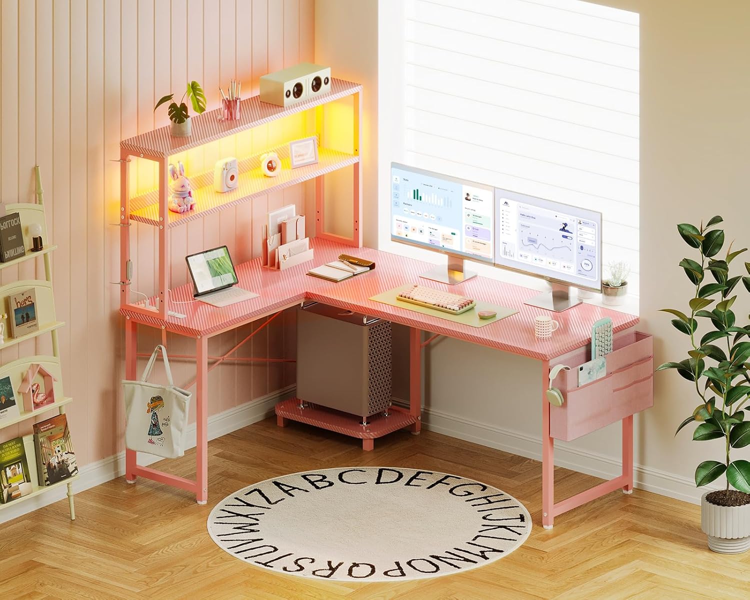 ODK 53 Inch L Shaped Desk with LED Lighting, Reversible Gaming Desk with Power Outlets, Cornor Computer Table with Storage Shelves & Bag & Iron Hook, Home Office Table for Writing, Study, Pink