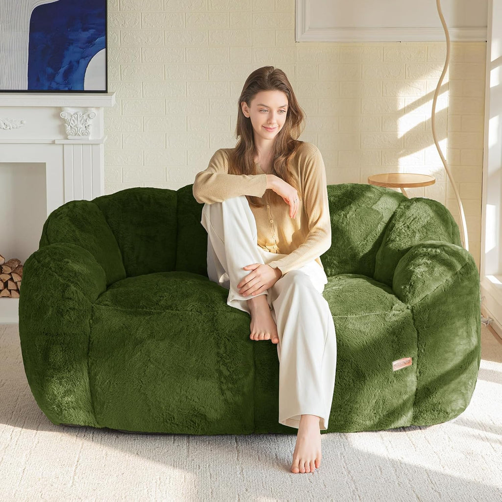 MAXYOYO Bean Bag Chair for Adults, Loveseat Floral Shaped Bean Bag Sofa, Ultra Soft Love Seat Mini Sofa Couch, Faux Fur Reading Chair for Living Room Bedroom, Green