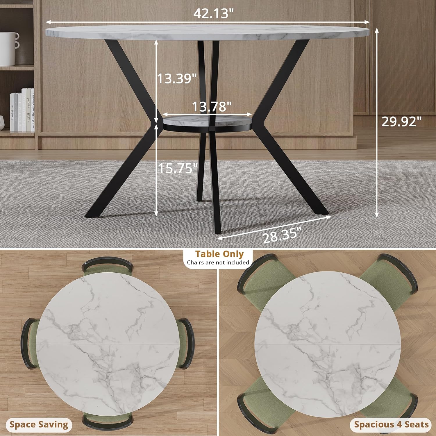 42" Round Dining Table for 2-4, Modern Kitchen Table with Faux Marble Tabletop & Metal Legs, Space Saving Circle Table with Storage, Wood Kitchen & Dining Room Tables for Kitchen Dining Room