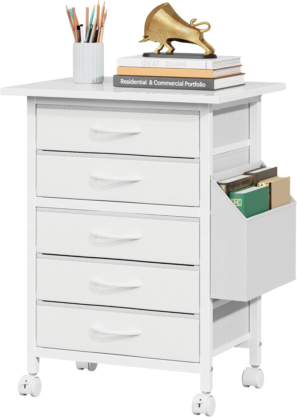 HIGDBFE 5 Fabric Drawers File Cabinet with Side Pocket, Rolling Printer Stand with Storage for Home Office, Wood Top Storage Cabinet for Documents and Crafts, White, 15" D