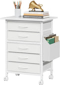HIGDBFE 5 Fabric Drawers File Cabinet with Side Pocket, Rolling Printer Stand with Storage for Home Office, Wood Top Storage Cabinet for Documents and Crafts, White, 15" D