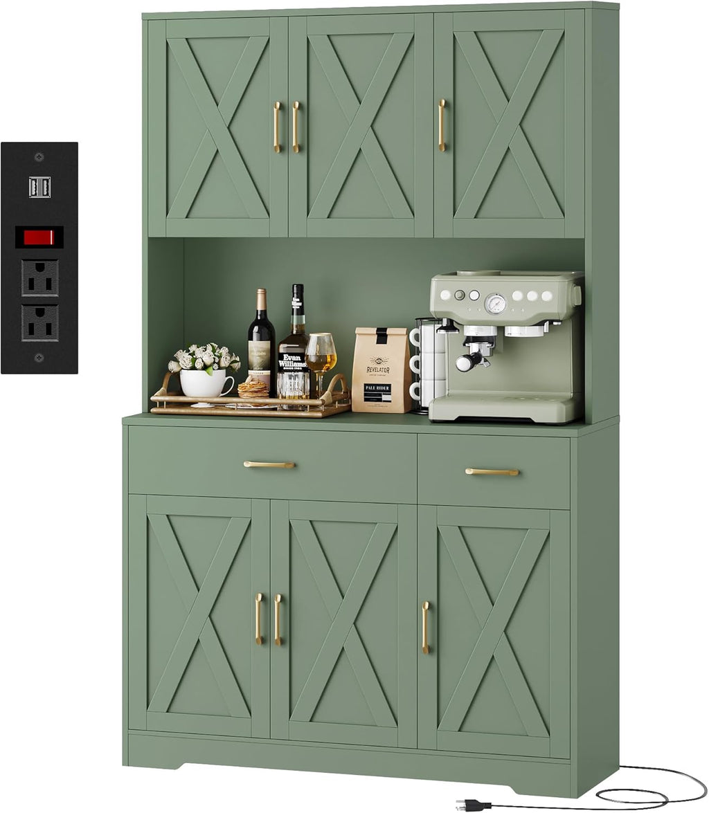 HOSTACK 71" Pantry Cabinet with Charging Station, Tall Kitchen Pantry Storage Cabinet with Microwave Stand, Farmhouse Kitchen Hutch with Storage Drawers for Living Room, Dining Room, Green