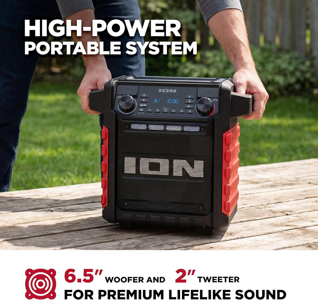 ION Tailgater Classic Outdoor Portable Bluetooth Speaker with Rechargeable Battery, FM Radio, USB Port, IPX5 Water-Resistant, 6.5" Woofer, App, Red
