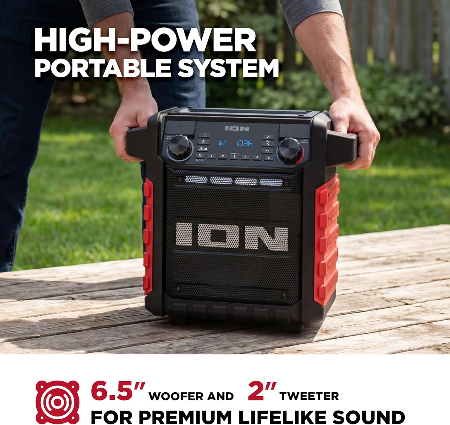 ION Tailgater Classic Outdoor Portable Bluetooth Speaker with Rechargeable Battery, FM Radio, USB Port, IPX5 Water-Resistant, 6.5" Woofer, App, Red