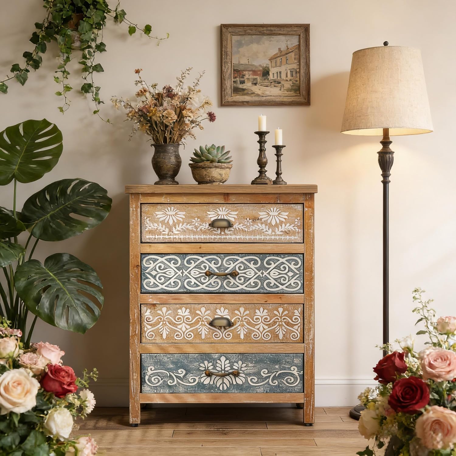 Boho Small Accent Cabinet with Hand-Painted Floral Drawers | Rustic Wood Storage Cabinet with 4 Drawers | Decorative Entryway Cabinet for Living Room, Dining Room, Kitchen | Solid Fir Wood Frame