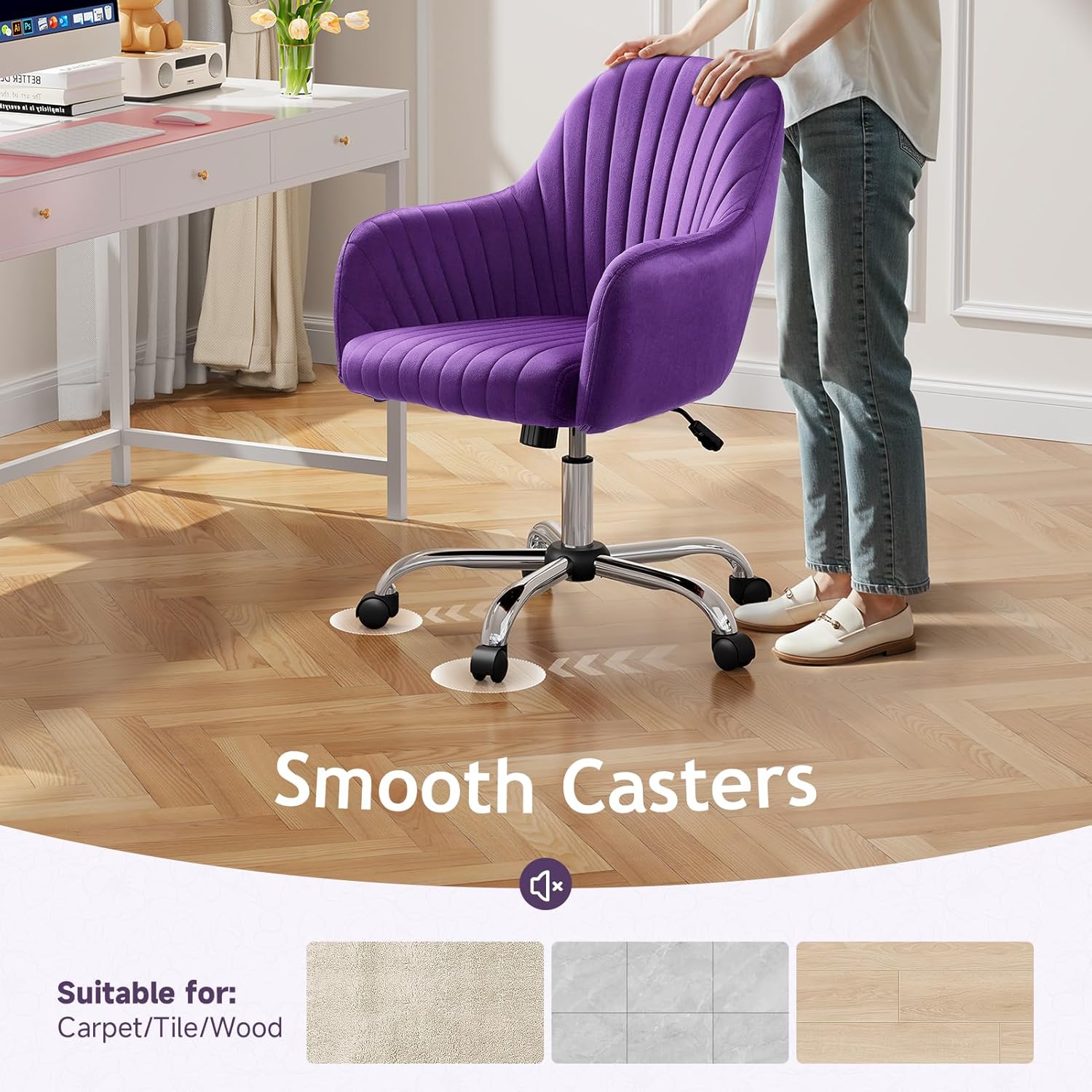 Warmiehomy Office Chair, Velvet Desk Chair for Home Office, Cozy Vanity Chair, Girl Cute Makeup Chair with Arm Rest for Bedroom Dressing Room (Velvet Plum Purple)
