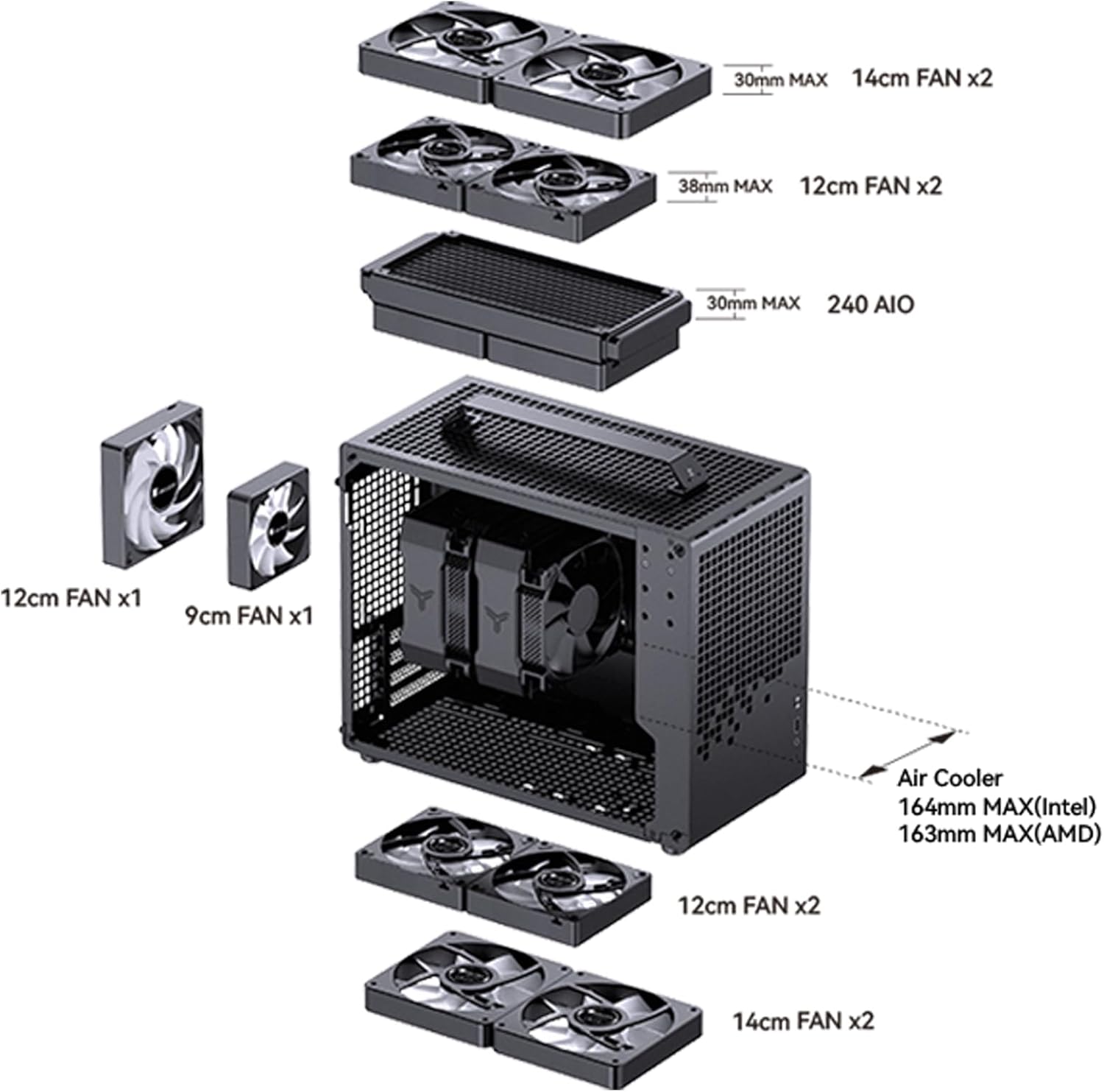 JONSBO/JONSPLUS Z20 Black Micro-ATX Mini Tower PC Case,with Detachable Carrying Handle, Mini Size, High-Performance Hardware Compatible, Support 240AIO, H160mm Cooler, Black