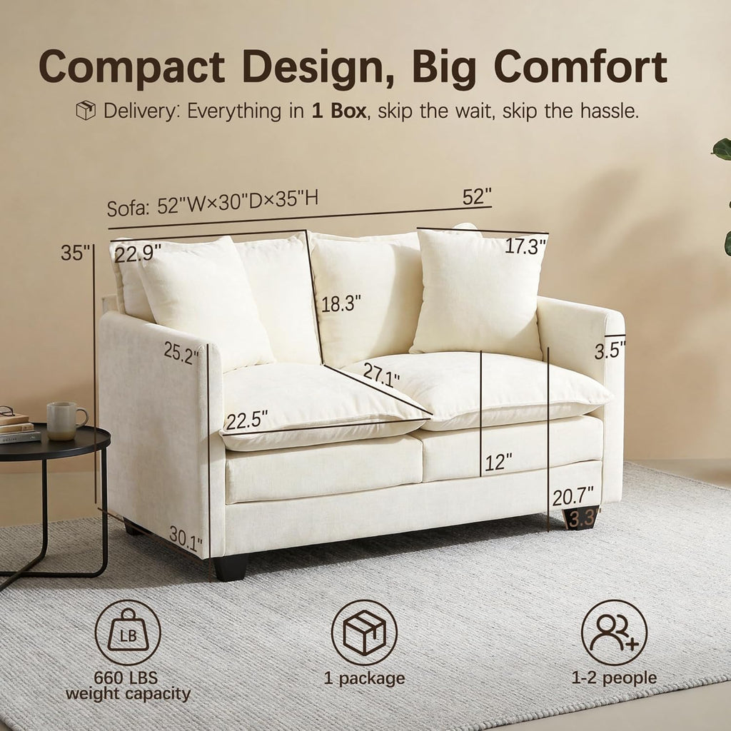 52" Loveseat Sofa, Modern Love Seat Couches, Small Loveseat for Small Spaces, Comfy Chenille Deep Seat Cloud Loveseat with 2 Pillows for Living Room, Bedroom,Apartment and Office, Beige