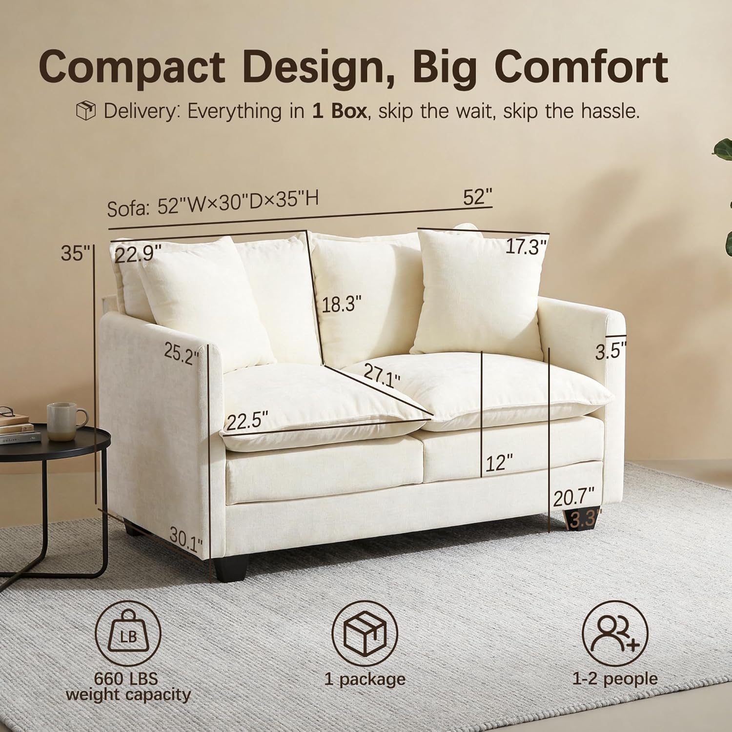 52" Loveseat Sofa, Modern Love Seat Couches, Small Loveseat for Small Spaces, Comfy Chenille Deep Seat Cloud Loveseat with 2 Pillows for Living Room, Bedroom,Apartment and Office, Beige