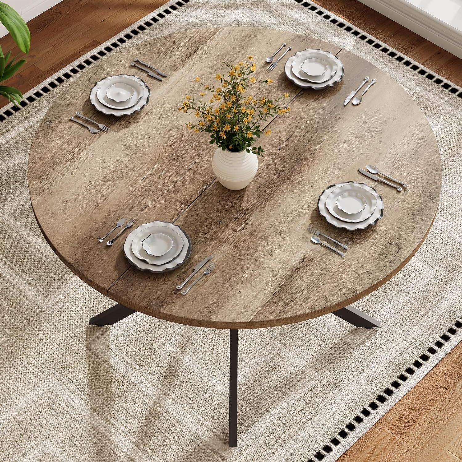 Vantic 47" Round Dining Table for 4-6 People, Farmhouse Wood Kitchen Table for Small Space, Circle Dining Table with Metal Base for Kitchen & Living Room, Ivory