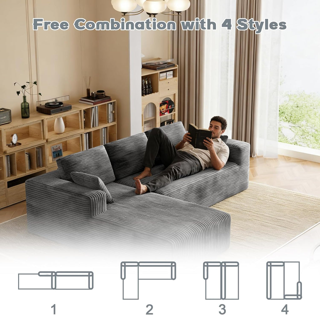106" Corduroy Sectional Couch, Boneless L Shaped Couch with Deep Seat, Cloud Foam Sofa with Oversized Chaise, Sectional Sofa No Assembly Needed for Living Room