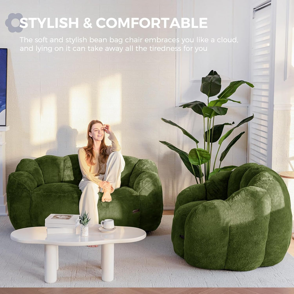 MAXYOYO Bean Bag Chair for Adults, Loveseat Floral Shaped Bean Bag Sofa, Ultra Soft Love Seat Mini Sofa Couch, Faux Fur Reading Chair for Living Room Bedroom, Green