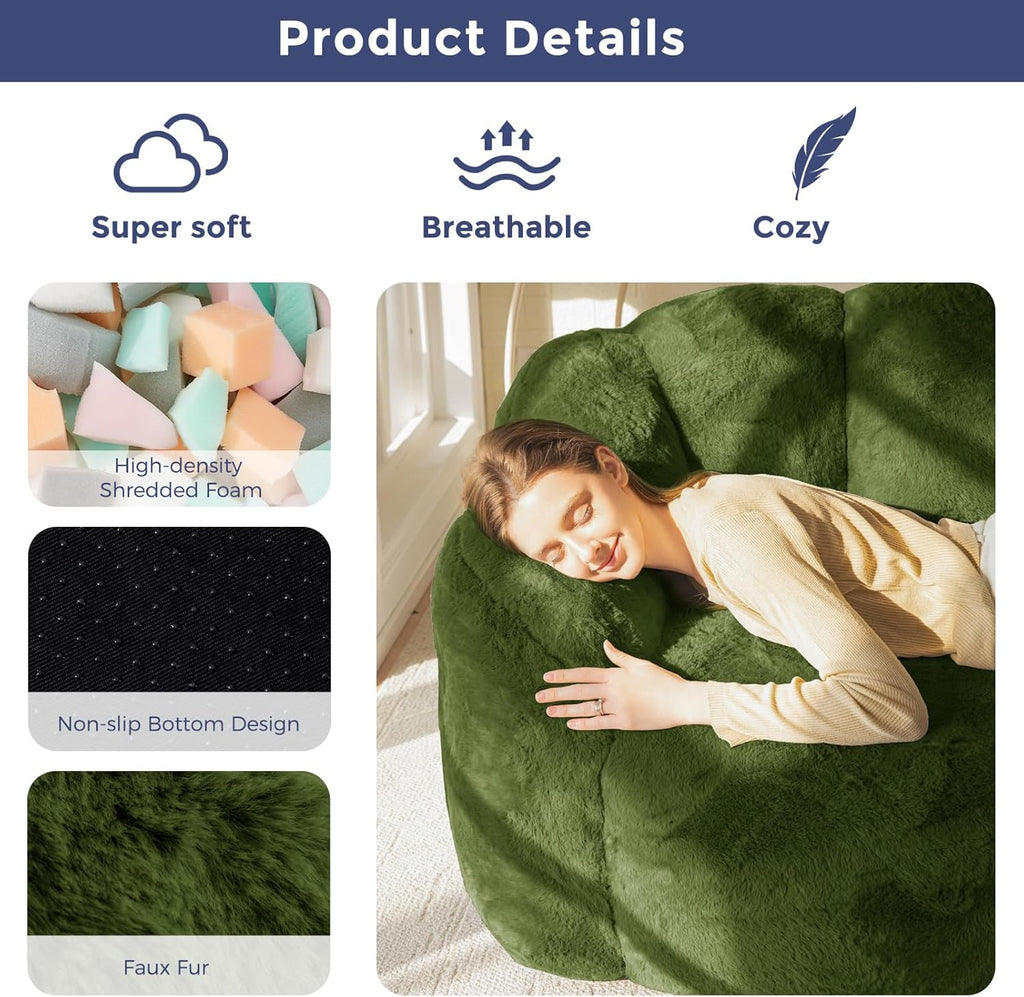 MAXYOYO Bean Bag Chair for Adults, Loveseat Floral Shaped Bean Bag Sofa, Ultra Soft Love Seat Mini Sofa Couch, Faux Fur Reading Chair for Living Room Bedroom, Green