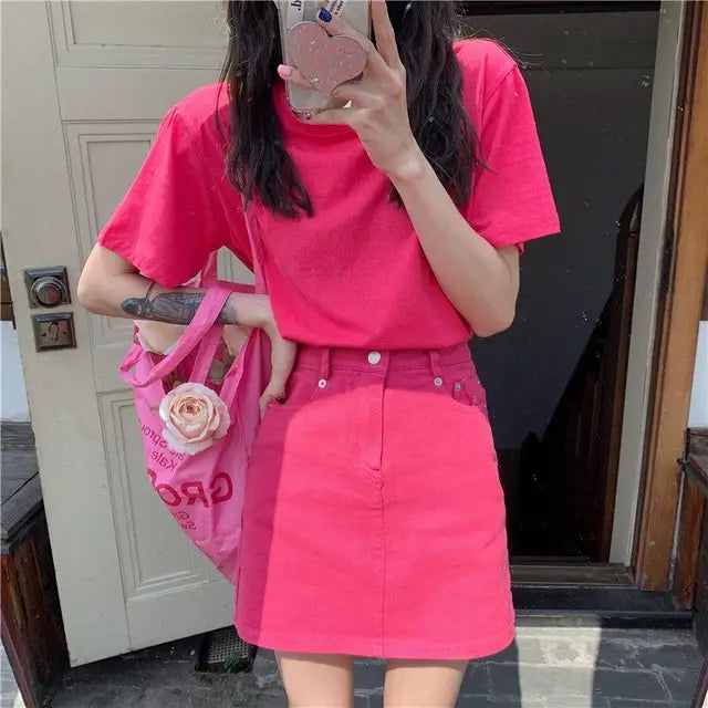 Solid Purple Mini Skirt Women SummerAbove Knee 2022 High Waist A Line Denim Harajuku Lady Clothes Sweet Skirts for Girls
