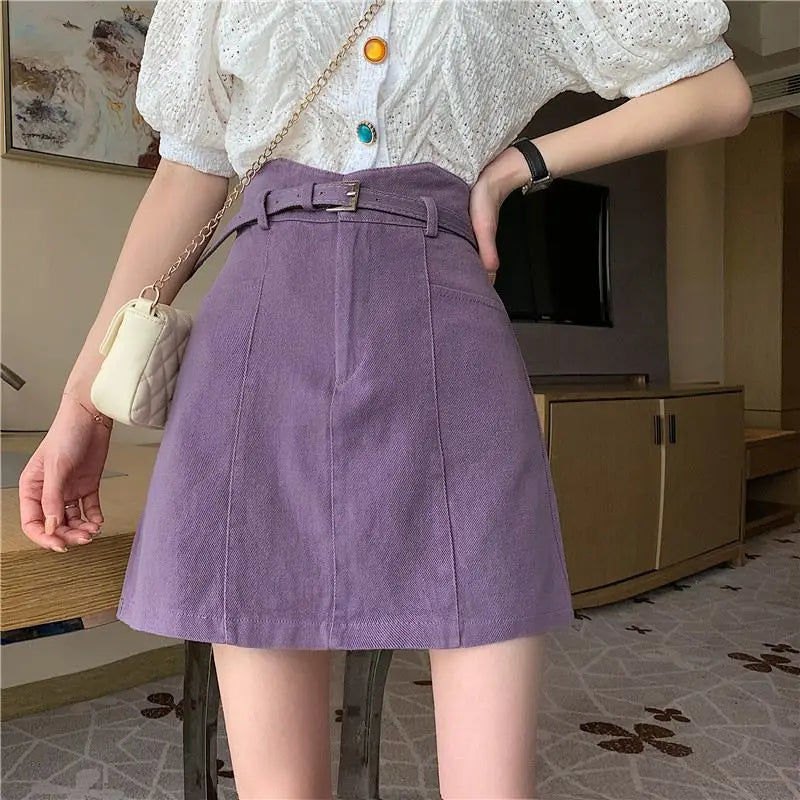 Solid Purple Mini Skirt Women SummerAbove Knee 2022 High Waist A Line Denim Harajuku Lady Clothes Sweet Skirts for Girls