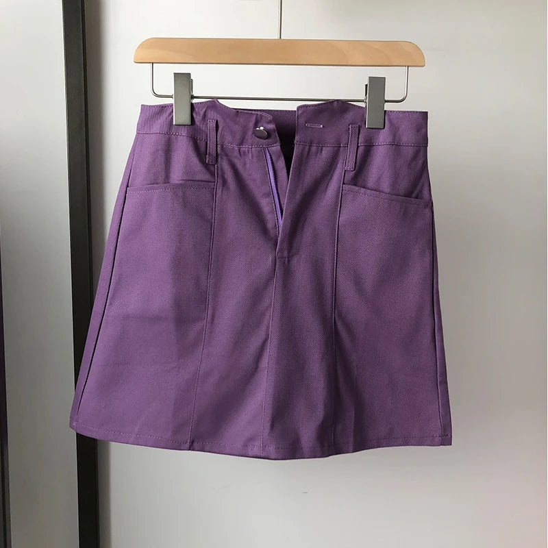 Solid Purple Mini Skirt Women SummerAbove Knee 2022 High Waist A Line Denim Harajuku Lady Clothes Sweet Skirts for Girls