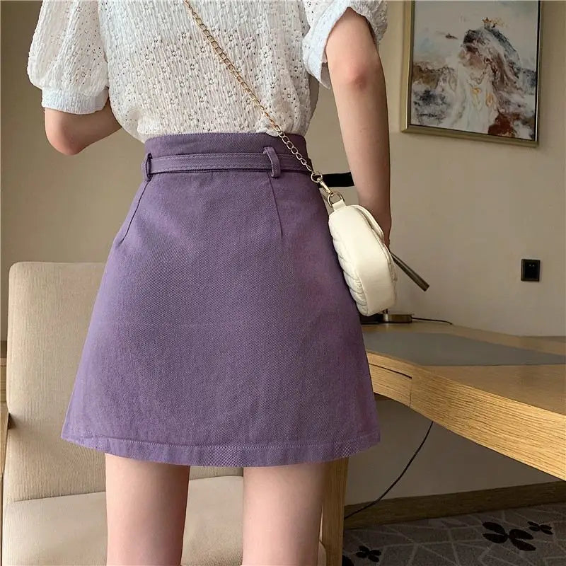 Solid Purple Mini Skirt Women SummerAbove Knee 2022 High Waist A Line Denim Harajuku Lady Clothes Sweet Skirts for Girls