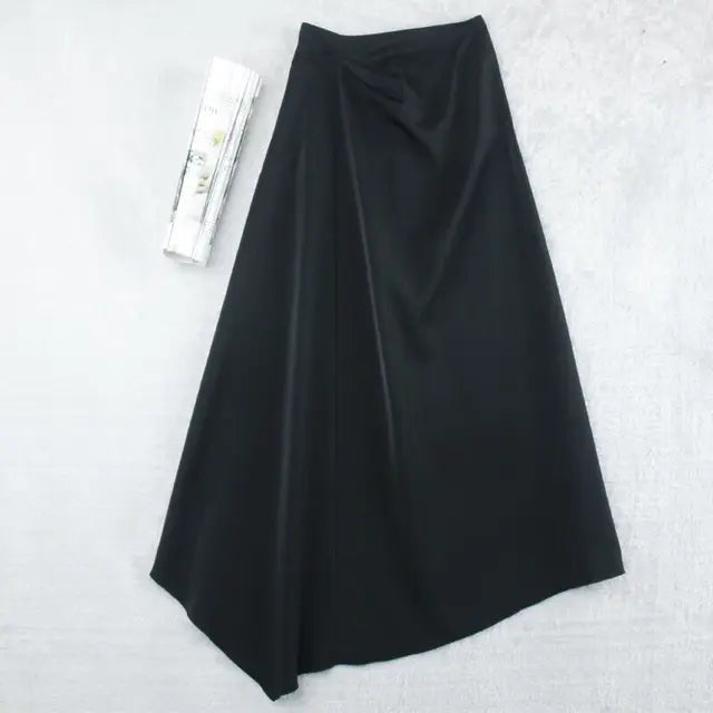 High-waisted Skirt Women Summer Solid Elegant Silk Satin A-line Skirts Womens Large Size Midi Irregular Long Skirt Office Lady