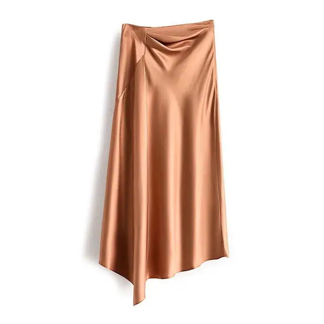 High-waisted Skirt Women Summer Solid Elegant Silk Satin A-line Skirts Womens Large Size Midi Irregular Long Skirt Office Lady