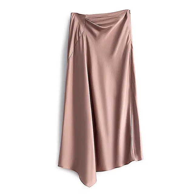 High-waisted Skirt Women Summer Solid Elegant Silk Satin A-line Skirts Womens Large Size Midi Irregular Long Skirt Office Lady