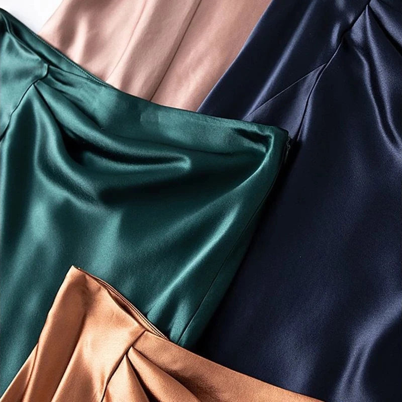 High-waisted Skirt Women Summer Solid Elegant Silk Satin A-line Skirts Womens Large Size Midi Irregular Long Skirt Office Lady