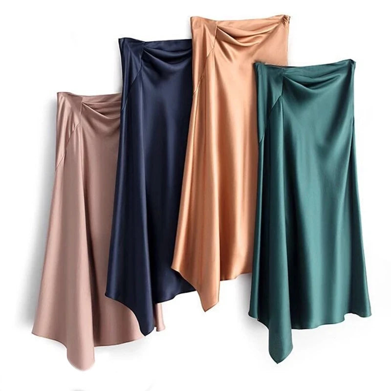 High-waisted Skirt Women Summer Solid Elegant Silk Satin A-line Skirts Womens Large Size Midi Irregular Long Skirt Office Lady