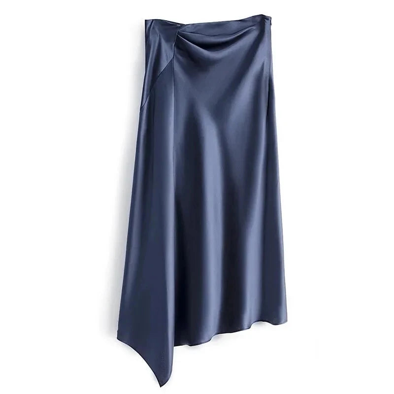 High-waisted Skirt Women Summer Solid Elegant Silk Satin A-line Skirts Womens Large Size Midi Irregular Long Skirt Office Lady