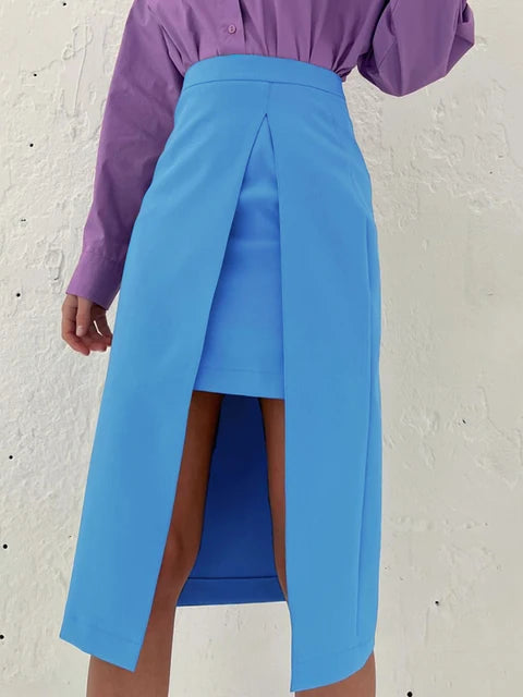 Elegant Patchwork Fashion Skirt 2023 Purple Chic Women High Waist Midi Skirts Slit Office Ladies Asymmetrical Skirt