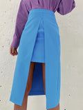 Elegant Patchwork Fashion Skirt 2023 Purple Chic Women High Waist Midi Skirts Slit Office Ladies Asymmetrical Skirt