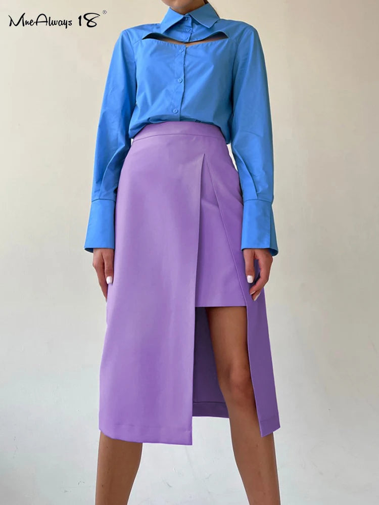 Elegant Patchwork Fashion Skirt 2023 Purple Chic Women High Waist Midi Skirts Slit Office Ladies Asymmetrical Skirt