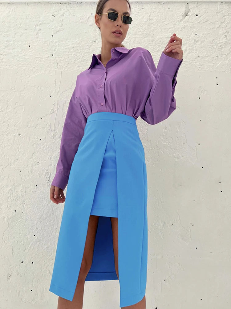 Elegant Patchwork Fashion Skirt 2023 Purple Chic Women High Waist Midi Skirts Slit Office Ladies Asymmetrical Skirt