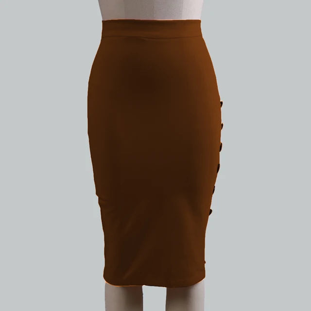 Women Elegant Slim Pencil Skirts High Waist Ladies Skirt Side Split Button Office Ladies Bodycon Fitted Skirts